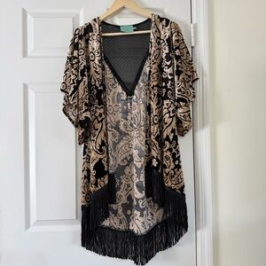 Judith March Black Gold Brown Paisley Velour and Sheer Back Kimono Small